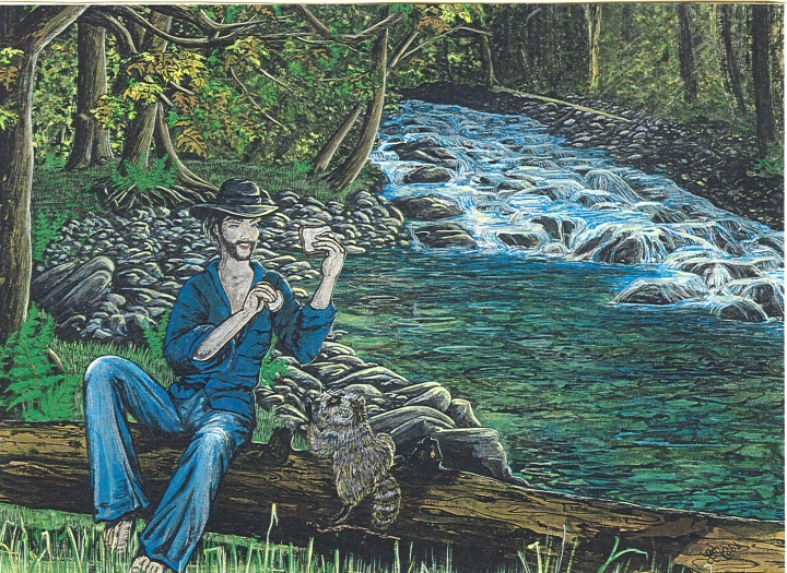 Uncle Tom at the Salmon Cascades. Art by Lenee Cobb. This painting was done on the spot, quickly, to catch the light. The painting might not be perfect, but it was a wonderful day at a spot of many stories.
